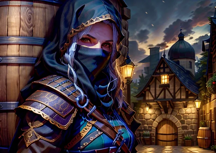a thief crouch behind a barrel in medieval port, outdoors, medieval port in the background, roguemask ,full mask,tree,concreate port dock,masterpiece,1guy, sharp, ultra detailed, 8k,(high detailed face:1.2),(high detailed hand:1.2),(high detailed skin:1.2), <lora:RogueMask:1>