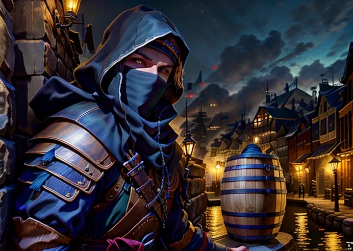 a thief crouch behind a barrel in medieval port, outdoors, medieval port in the background, roguemask ,ligth mask,water,concreate port dock,masterpiece,1guy, sharp, ultra detailed, 8k,(high detailed face:1.2),(high detailed hand:1.2),(high detailed skin:1.2), <lora:RogueMask:1>