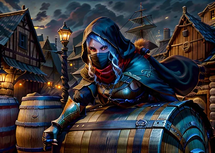 a thief crouch behind a barrel in medieval port, outdoors, medieval port in the background, roguemask ,ligth mask,water,concreate port dock,masterpiece,1guy, sharp, ultra detailed, 8k,(high detailed face:1.2),(high detailed hand:1.2),(high detailed skin:1.2), <lora:RogueMask:1>