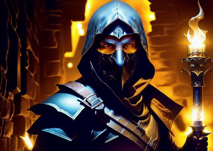 a Rogue walking in a dark dungeon,indoor,torch on a wall in background, roguemask ,(ligth mask:1.2),holding a torch,masterpiece,1guy, sharp, ultra detailed, 8k,(high detailed face:1.2),(high detailed hand:1.2),(high detailed skin:1.2), <lora:RogueMask:1>