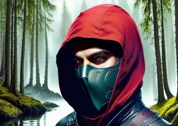 a Rogue walking in a forest, outdoors,lac in the background, roguemask ,(ligth mask),water,masterpiece,1guy, sharp, ultra detailed, 8k,(high detailed face:1.2),(high detailed hand:1.2),(high detailed skin:1.2), <lora:RogueMask:1>