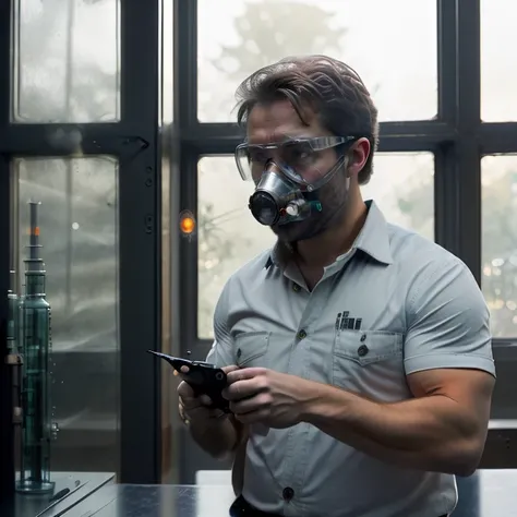 a still from a , action shot of (<lora:dg_Mark:1> dg_Mark :1.10)  looking down, solo, upper body, detailed background, detailed face, (<lora:SolarpunkAI:0.6>, green-powered, solarpunk theme:1.1), inventor, safety-goggles, shirt, science, advanced technology, fantasy science lab in background, chemistry,   medicine, [lab mask:gas mask:0.2],  bunsen burner, blackboard,  , (Cinematic film still :1.3), Shallow depth of field, vignette, highly detailed, high budget, bokeh, cinemascope, epic, gorgeous, masterpiece, best quality, absurdres, detailed, ultra-detailed, max detail, 4k uhd