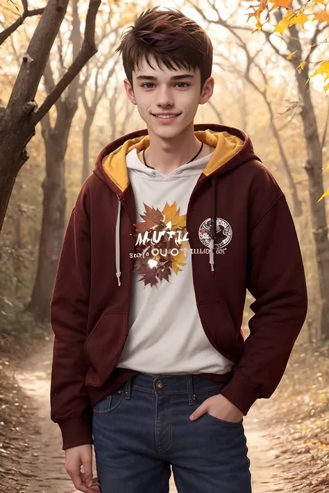 Slim 20yo 1boy dg_Justin, smiling, hoodie, jeans, walking through woods, (autumn, multicolored foliage), <lora:dg_Justin_v1:0.7>,