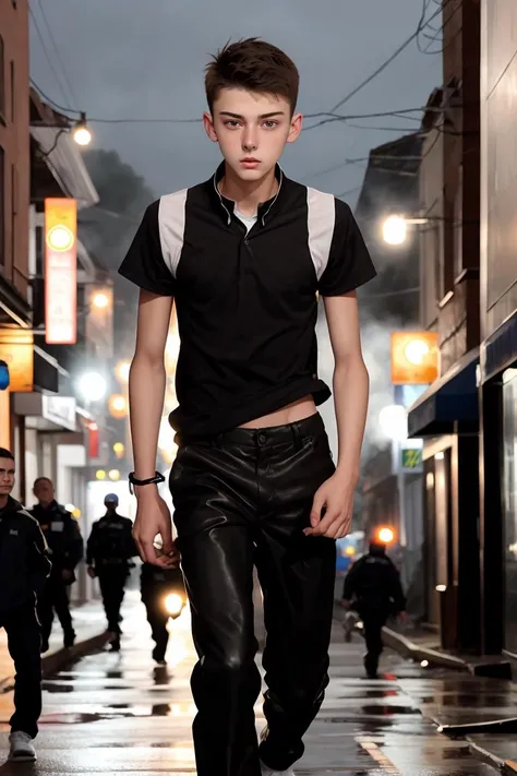 A handsome male police officer is stripped naked and his hands above his head in the street,blushing with embarrassment.
