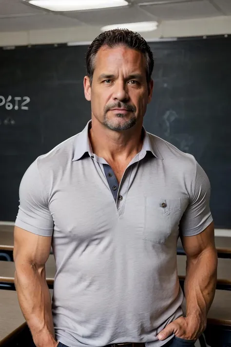 45yo middle-aged 1man dg_Mark, stern facial expression, muscular, dad bod, middle school teacher, dress shirt, classroom, <lora:dg_Mark_v1:0.7>,