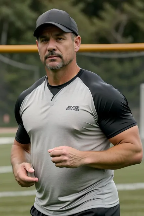 man from samoa, 60 years old, very muscular body, long gray hair, football coach, thin moustache, at a football field, wearing orange polo shirt and orange pants