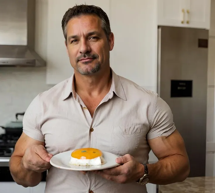 Masculine 45yo middle-aged 1man dg_Mark, encouraging facial expression, muscular, dad bod, (wearing shirt, handing viewer a plate of breakfast food:1.2), <lora:dg_Mark_v1:0.7>,