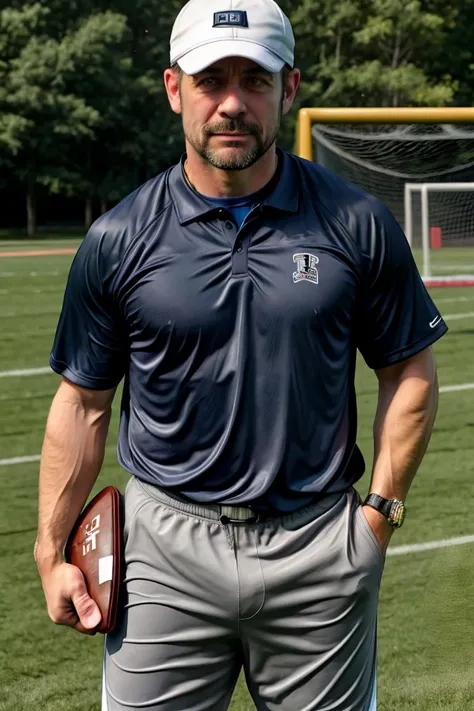 45yo middle-aged 1man dg_Mark, encouraging facial expression, muscular, dad bod, middle school football coach, whistle, clipboard, baseball cap, football field, <lora:dg_Mark_v1:0.7>,