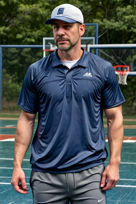 45yo middle-aged 1man dg_Mark, encouraging facial expression, muscular, dad bod, middle school basketball coach, whistle, clipboard, baseball cap, basketball court, <lora:dg_Mark_v1:0.7>,