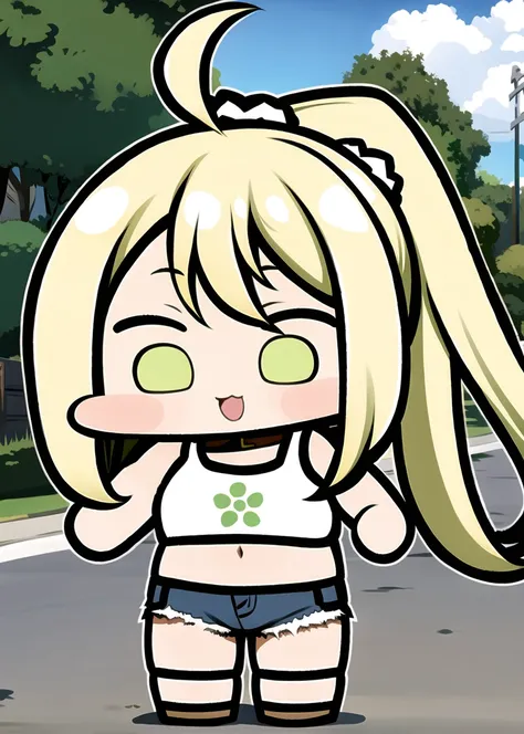 <lora:JazzJack:1.4> chibi, 1girl, solo, (green eyes:1.1), long blonde hair, high ponytail, (ahoge), (white crop top), denim shorts, outdoor, street, :D,