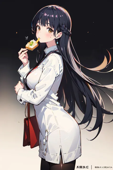 (masterpiece:1.2),best quality,PIXIV,
Anna yamada,1girl,solo,pantyhose,long hair,food,breasts,dress,black hair,mole,jewelry,earrings,large breasts,black pantyhose,white background,blush,red dress,looking at viewer,bag,simple background,braid,signature,eating,handbag,bangs,holding,long sleeves,brown eyes,holding food,food on face,shirt,white shirt,closed mouth,artist name,mole under mouth,from side,:t,cowboy shot,coat,
<lora:Anna yamada-000016:0.8>,