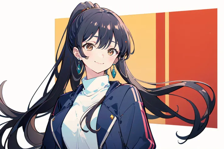 (masterpiece:1.2),best quality,PIXIV,Anna yamada,
jewelry,earrings,smile,ponytail,brown eyes,1girl,black hair,blush,long hair,upper body,solo focus,looking at viewer,bangs,turtleneck,brown hair,1boy,closed mouth,white shirt,shirt,jacket,black jacket,breasts,
<lora:Anna yamada-000016:0.8>,