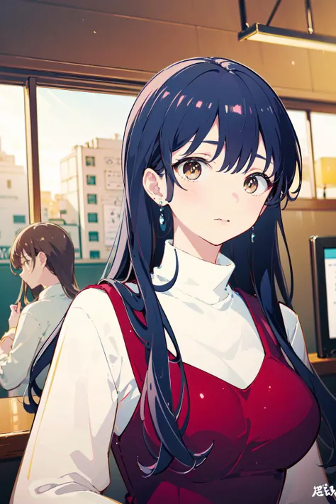 (masterpiece:1.2),best quality,PIXIV,Anna yamada,
multiple girls,earrings,jewelry,long hair,blue hair,brown eyes,blush,2girls,dress,red dress,solo focus,breasts,blurry,indoors,brown hair,large breasts,looking at viewer,ceiling light,upper body,bangs,shirt,turtleneck,white shirt,blurry background,
<lora:Anna yamada-000016:0.8>,
