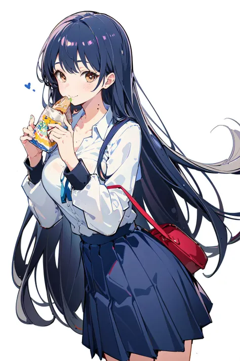 (masterpiece:1.2),best quality,PIXIV,
Anna yamada,1girl,solo,skirt,shirt,breasts,long hair,looking at viewer,white shirt,white background,smile,mole,collared shirt,large breasts,simple background,chocolate,food,blush,black hair,black skirt,bag,pleated skirt,food on face,closed mouth,bangs,school uniform,holding,brown eyes,shirt tucked in,long sleeves,mole on neck,eating,holding food,shoulder bag,collarbone,dress shirt,cowboy shot,candy,
<lora:Anna yamada-000016:0.8>,