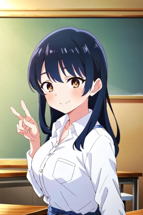 masterpiece, best quality, 1girl, Anna yamada, black hair, long hair, bangs, white shirt, collared shirt, black skirt, plaid skirt,brown eyes, smile, classroom