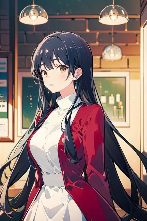 (masterpiece:1.2),best quality,PIXIV,Anna yamada,
multiple girls, earrings, jewelry, long hair, black hair, brown eyes, blush, 2girls, dress, red dress, solo focus, breasts, blurry, indoors, brown hair, large breasts, looking at viewer, ceiling light, upper body, bangs, shirt, turtleneck, white shirt, blurry background
<lora:Anna yamada-000016:0.8>,
