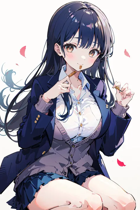 (masterpiece:1.2),best quality,PIXIV,Anna yamada,
1girl, solo, skirt, breasts, looking at viewer, shirt, sitting, long hair, school uniform, blush, jacket, white shirt, pleated skirt, bangs, large breasts, brown eyes, collared shirt, blazer, black hair, cardigan, food, blue jacket, between legs, long sleeves, smile, dress shirt, petals, white background, eating, blue hair, brown cardigan, miniskirt, open clothes
<lora:Anna yamada-000016:0.8>,