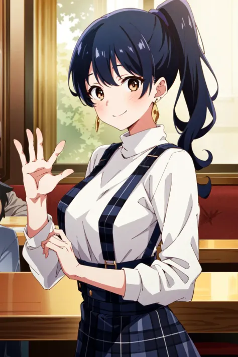 masterpiece, best quality, 1girl, Anna yamada, black hair, long hair, bangs, ponytail,large breasts, white sweater, turtleneck, suspenders, suspender skirt, black skirt, plaid skirt, waving, brown eyes, earrings, restaurant, smile