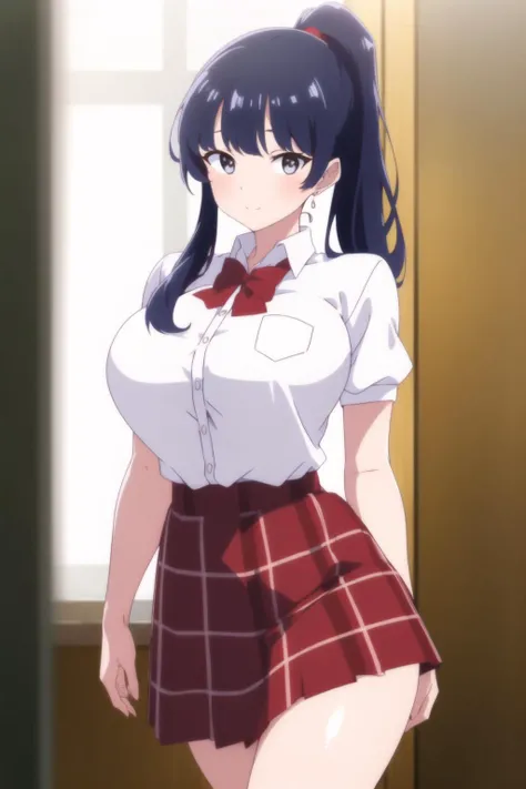 (day:1.7), in a room with curtains on the windows,indoors,gym,
Standing at attention,
white shirt,red skirt, school uniform, shirt, short sleeves,pleated skirt, red bow, plaid bowtie, plaid neckwear,
,
Black_Hair,blue eyes,ponytail,bangs,long hair,
1 girl, 20yo,YOUNG female,Beautiful Finger,Beautiful long legs,Beautiful body,Beautiful Nose,Beautiful character design, perfect eyes, perfect face,
looking at viewer, in the center of the image,
NSFW,official art,extremely detailed CG unity 8k wallpaper, perfect lighting,Colorful, Bright_Front_face_Lighting,
(masterpiece:1.0),(best_quality:1.0), ultra high res,4K,ultra-detailed,
photography, 8K, HDR, highres, absurdres:1.2, Kodak portra 400, film grain, blurry background, bokeh:1.2, lens flare, (vibrant_color:1.2)
(Beautiful,large_Breasts:1.4), (beautiful_face:1.5),(narrow_waist), <lora:Anna yamada_20230605161055-000020:0.7>