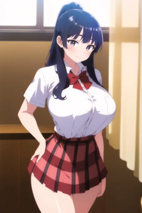 (day:1.7), in a room with curtains on the windows,indoors,gym,
Standing at attention,
white shirt,red skirt, school uniform, shirt, short sleeves,pleated skirt, red bow, plaid bowtie, plaid neckwear,
,
Black_Hair,blue eyes,ponytail,bangs,long hair,
1 girl, 20yo,YOUNG female,Beautiful Finger,Beautiful long legs,Beautiful body,Beautiful Nose,Beautiful character design, perfect eyes, perfect face,
looking at viewer, in the center of the image,
NSFW,official art,extremely detailed CG unity 8k wallpaper, perfect lighting,Colorful, Bright_Front_face_Lighting,
(masterpiece:1.0),(best_quality:1.0), ultra high res,4K,ultra-detailed,
photography, 8K, HDR, highres, absurdres:1.2, Kodak portra 400, film grain, blurry background, bokeh:1.2, lens flare, (vibrant_color:1.2)
(Beautiful,large_Breasts:1.4), (beautiful_face:1.5),(narrow_waist), <lora:Anna yamada_20230605161055-000020:0.7>