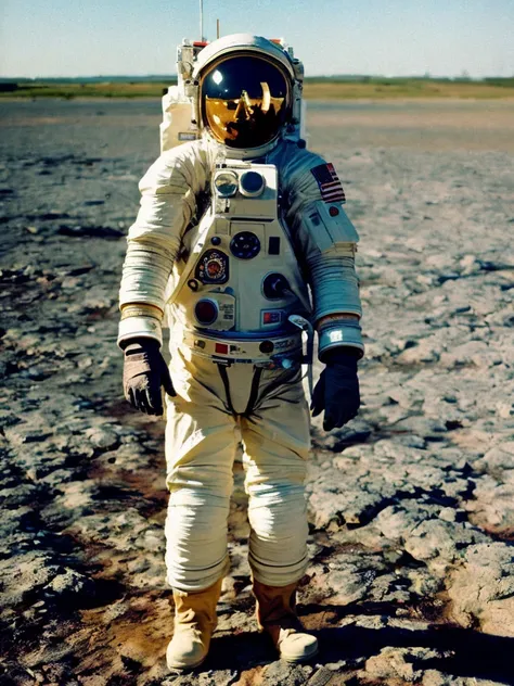 Portra 400 high dpi film scan of a NASA astronaut wearing a space suit on a planet made of uranium