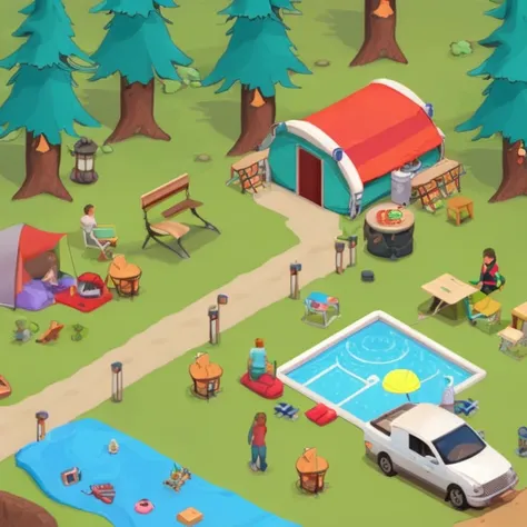 detailed cute isometric camping site