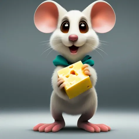 A cute tiny mouse holding a piece of luxury cheese, pixar