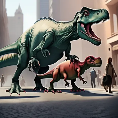 dinosaurs roaming a city street