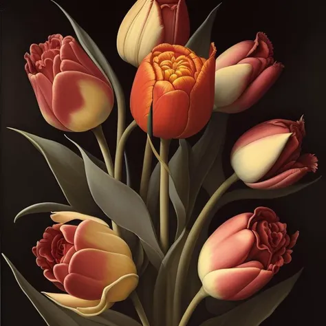detailed king tulips and roses against a black backdrop by martin johnson heade, artstation