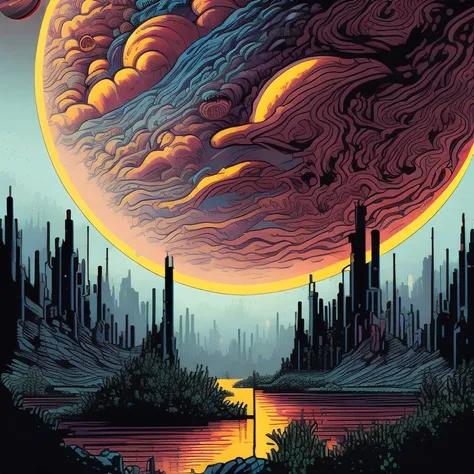 illustration of Jupiter clouds by dan mumford, alien landscape and vegetation, epic scene