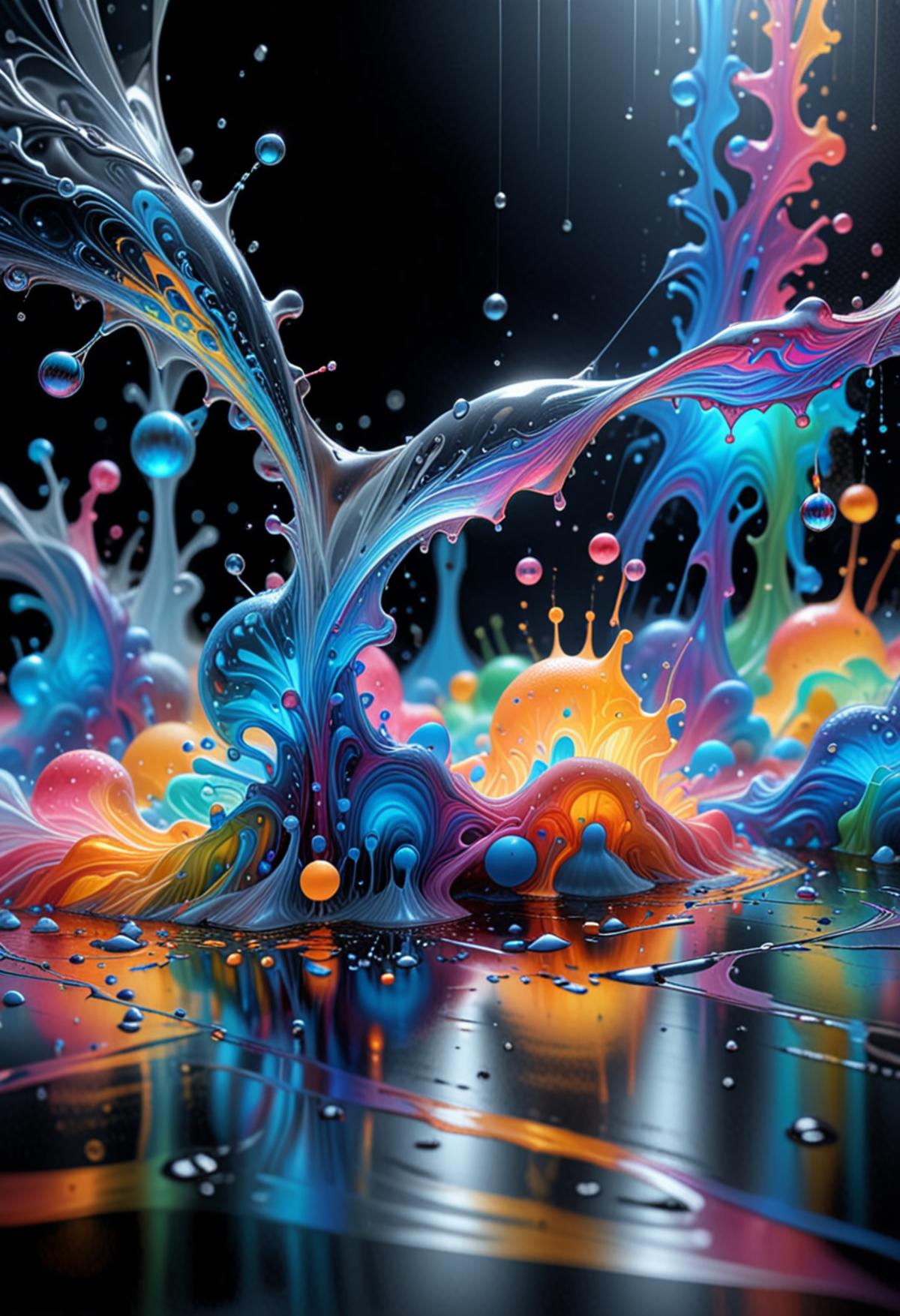 A close up of a colorful liquid splash on a black surface - SeaArt AI