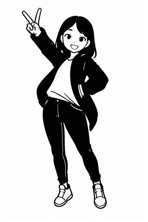 <lora:OriginalAnimeStyle9-000090:0.1> ,masterpiece, full body, 1girl, solo,( left eye wink:1.2),(V sign),jacket ,happy, highly detailed face,long hair, (looking at vieuwer:1.2), jeans sneakers, (white background:1.2),simple background,monochrome, xiaopi <lora:ç®çº¦é»ç½å¤´å_æç®é£å¤´å_v1.0:0.8><lora:LCM_LoRA_Weights_SD15:1.0>