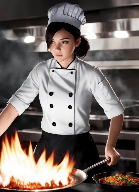 young female chef cooking, bustling restaurant kitchen, flames on the stove, (intense heat:0.8), chef's uniform, culinary skills, hdr, 8k, subsurface scattering, specular light, highres, octane render, ray traced