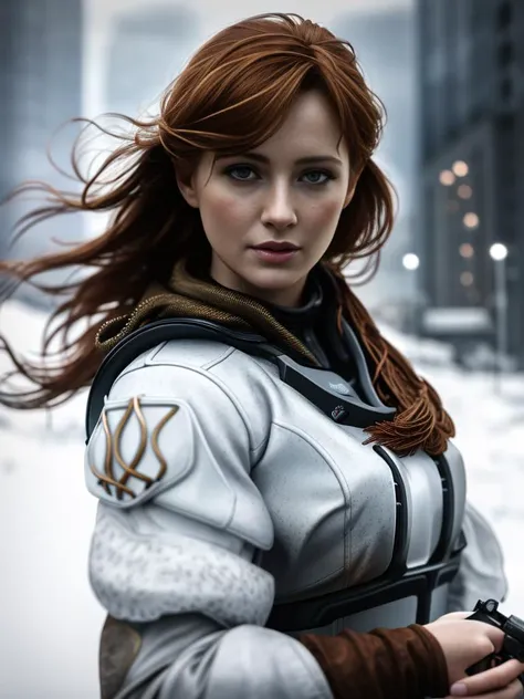 Realistic photography, closeup of beautiful woman with friskles and , head shot , 25yo, focus on eyes, 50 mm f1.4, ginger hair in wind, hdr masterpiece,dramatic lighting, epic, cyber dress, flower in hair, light snowing, post apocalyptic city, epic necklace