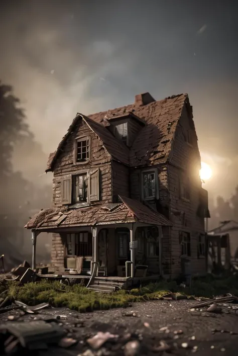 3d render of old house, broken barbie, abandoned, dramatic color grade, (moss:1.1), abandoned, broken, old, accurate color grading, rvb, Sony A7 III, Sigma Art 85 mm f/1,4 DG HSM, perfect, subsurface scattering, unreal engine, dusty sun light, dystopian world