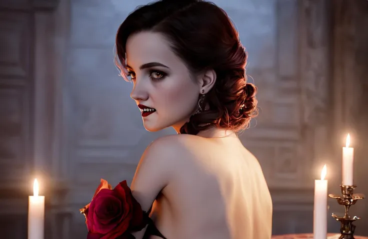 (OOKZAVampire style:1.2), award winning photo, photorealistic, female (vampire), seductive, (looking at camera:1.1), (fangs:1.3), (blood on face:1.3), Victorian, crypt, candlelight, cinematic lighting, backlit, undercut hairstyle, digital painting, concept art, smooth, sharp focus, rule of thirds, dark fantasy, intricate details, 8x