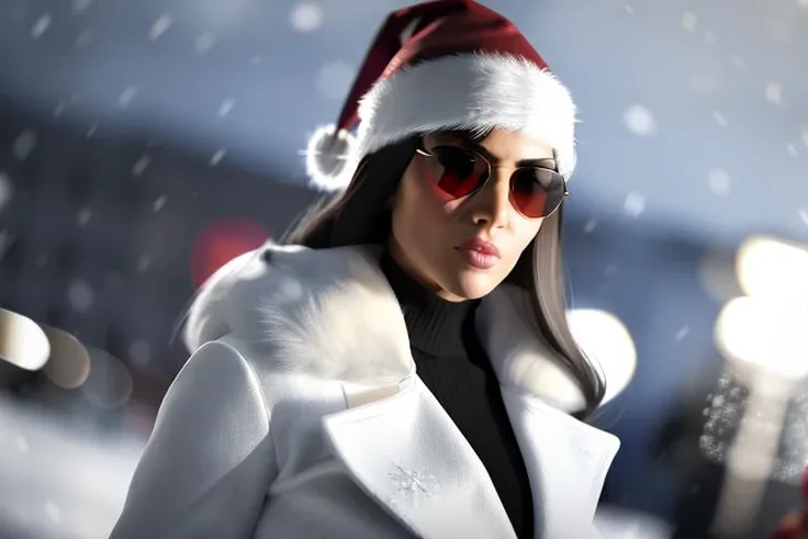 a 3d render of Standing pose of a woman wearing ((sunglasses)) and a santa hat, flowing dark raven hair, full lips, smooth skin, sharp, angular features, high cheekbones, defined jawline wearing a fluffy jacket posing seductively, snowy winter christmas market scene behind her, (facial closeup), specular lighting, hdr, masterpiece, 8K, octane, global illumination
