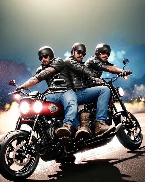 3D rende of Old street biker member gang(full of tattoes:1.2) riding shinny Harley Davidson motorcycle, thir-point view, bokeh, blurry background, global illumination, particle effects flying around,specular lighting,hdr,octane,unreal,subsurface scattering,Film-like
