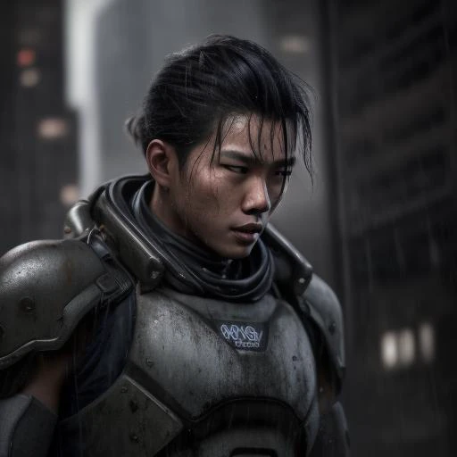 Realistic photography, asian male 20yo dirty, 50 mm f/1.4, hdr masterpiece, dramatic lighting, epic, hair in wind, wearing mech suit, light rain, post apocalyptic burning city, year 2590, wet skin, wet hair, <lora:epiNoiseoffset_v2:1.0>