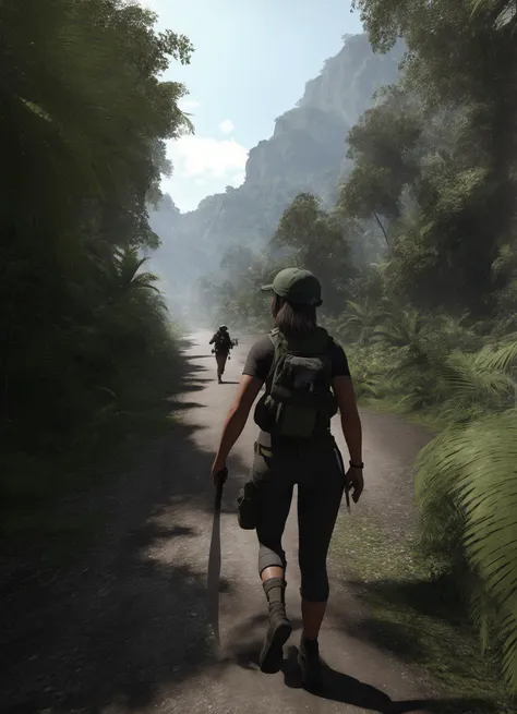 adventurous female explorer, dense jungle, machete in hand, (wilderness expedition:0.8), (4K resolution:1.0), Canon EOS R5, explorer's gear, jungle exploration