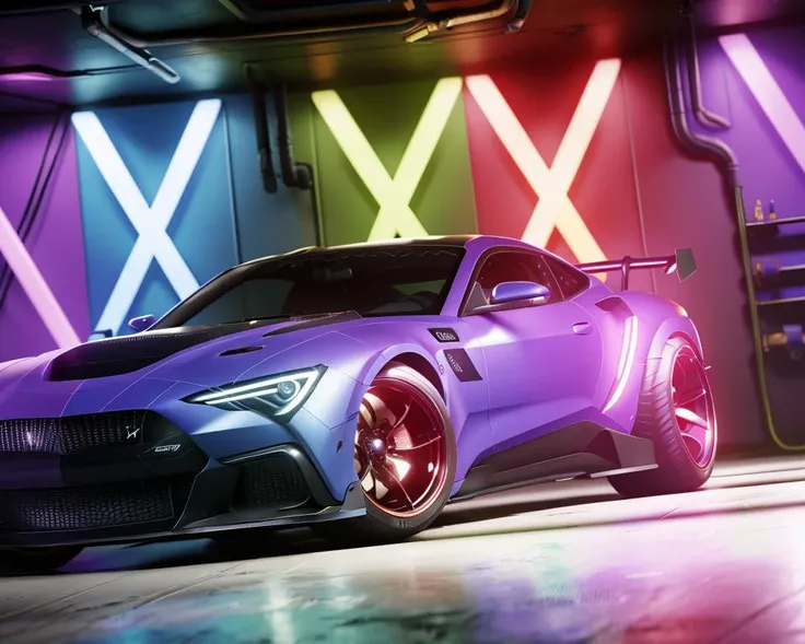 3d render of a vibrant cyberpunk car in a garage, disney pixar animation, cyberpunk 2077 game render, very detailed, 4k resolution, specular lighting, 35mm Canon f/8, outstanding beauty, masterpiece,