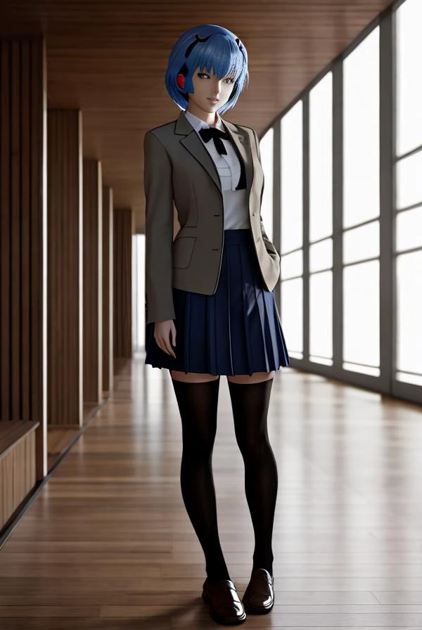 masterpiece portrait of soft smiling Rei Ayanami \(evangelion\), evangelion \(Hideaki\), caustics, textile shading, high resolution illustration, red eyes, feminine, no pupils, blue hair, short hair, japanese school uniform, loafers, detailed school, japanese school hallway, japanese modern school in Tokyo, soft light, black stockings, torn stockings, indoors, wooden floor, hallway, at night, neon lights, a 3d render