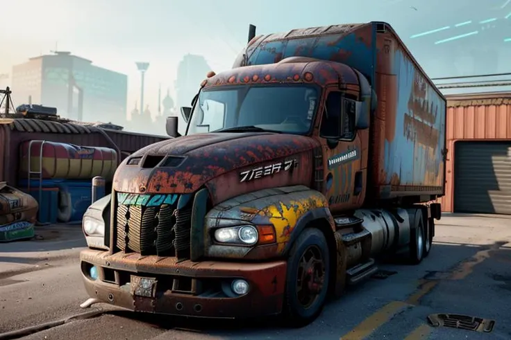 3d render of a rusted broken cyberpunk flatbed truck in a garage, disney pixar animation, cyberpunk 2077 game render, very detailed, 4k resolution, specular lighting, 35mm Canon f/8, outstanding beauty, masterpiece,