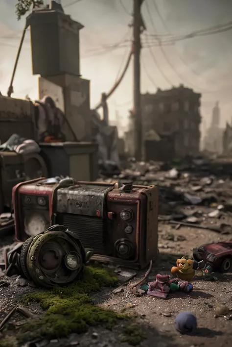 3d render of street, old toys, abandoned, dramatic color grade, (moss:1.1), abandoned, broken, old, accurate color grading, rvb, Sony A7 III, Sigma Art 85 mm f/1,4 DG HSM, perfect, subsurface scattering, unreal engine, dusty sun light, dystopian world