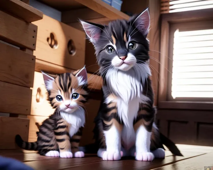 3d render of a cute furry kitten sitting near a puppy, disney pixar animation, RDR 2 game render, very detailed, 4k resolution, specular lighting, 35mm Canon f/8, outstanding beauty, masterpiece,