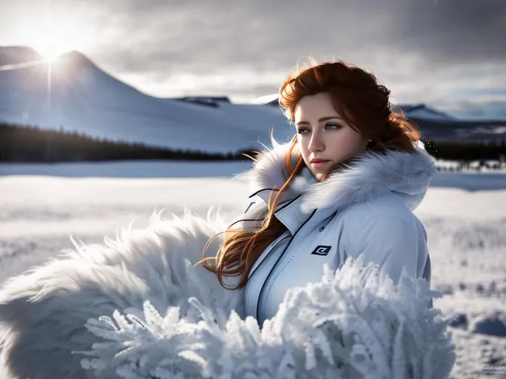 Realistic photography, closeup of one beautiful woman with friskles and , head shot , 25yo, focus on eyes, 50 mm f1.4, ginger hair in wind, hdr masterpiece,dramatic lighting, epic, arctic dress, flower in hair, white fur and feathers, light snowing, Arctic city, epic necklace