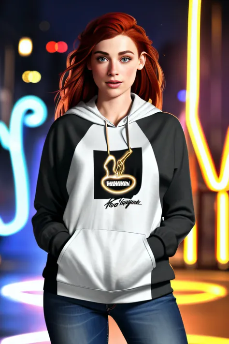 a 3d render of an attractive young Caucasian girl with (flowing bright red hair) at night in the city, urban background, neon light, sidelight, wearing a grey hoodie, tee shirt and jeans, freckled nose, intricate skin detail, pretty green eyes, cinematic lighting, 8K, hdr, film like, bokeh,(highly detailed), sunset, golden hour, vivid color, raytraced