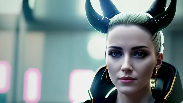 A 3d render of epic portrait shot of epic portrait close shot of (beautiful pale woman wearing with revealing devil horns), neckline, specular lighting, hdr, masterpiece, 8K, cyberpunk, SynthwavePunk, gold armour, neckline, fine - art photography, epic cinematic portrait highly detailed, 8K, stunning, hdr, subsurface scattering, global illumination, film still, backlit Film-like, bokeh, 3d, tokyo city scene