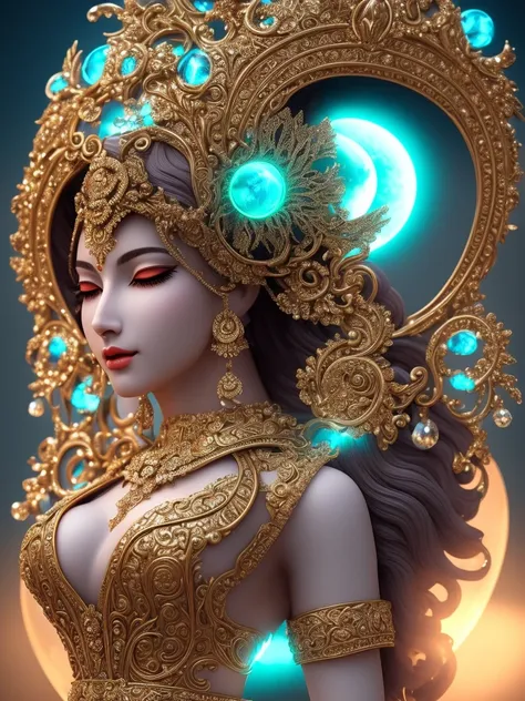 3d render of,(masterpiece), best quality,a Floating beautiful details sculpture of Goddess Ushas Hindu Mythology ,cutting edge classy beauty,(Beautiful delicate glowing eyes), delicate beautiful face, delicate beautiful sexy lips,symmetrical body,(floating rotating crystal moon), silver hair, long bangs, hair between the eyes, red ice ribbon, red ice brow, red gauze cover, (half-closed eyes:1.5),Red Jacket Sleeves, background round beautiful details of flower shape huge full moon, colorful, green rotating moon magic, beautiful details rotating magic moon, beautiful translucent flowing crystal petals, (sacred light),future,insanely detailed and intricate, concept art, ornate, luxury, elite, elegant, Detail Painting Luki, CG Social Contest winner, Fantasy Art, Voluminous VFX smoke, photo via 5000000px, tetrachromatic, Dipping Gold Powder Gloss Glaze,godlike, dreamlike, octane render global illumination, UHDR, symmetrical artwork,Tyndall light effect.popular on ArtStation, popular on Pixiv,popular on deviantart.