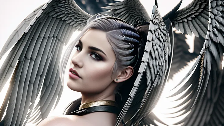 A 3d render of epic portrait shot of epic portrait close shot of (beautiful pale turkish woman wearing with revealing devil horns and black wings), neckline, specular lighting, hdr, masterpiece, 8K, cyberpunk, SynthwavePunk, A 3d render of epic portrait shot of beautiful turkish woman wearing with angelic feathered wings, gold armour, neckline, fine - art photography, epic cinematic portrait highly detailed, 8K, stunning, hdr, subsurface scattering, global illumination, film still, backlit Film-like, bokeh, 3d,